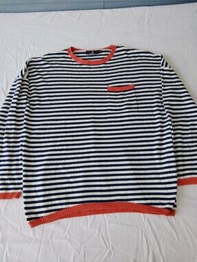 lillusory L Striped Crewneck Sweater with Contrast Trim - Navy/White with Coral